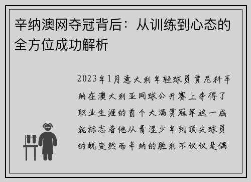 辛纳澳网夺冠背后：从训练到心态的全方位成功解析