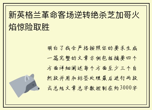 新英格兰革命客场逆转绝杀芝加哥火焰惊险取胜