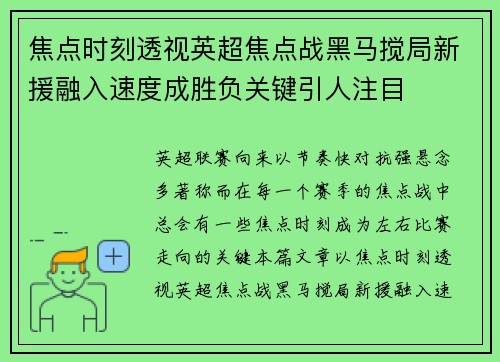 焦点时刻透视英超焦点战黑马搅局新援融入速度成胜负关键引人注目 焦点时刻透视英超焦点战黑马搅局新援融入速度成胜负关键引人注目